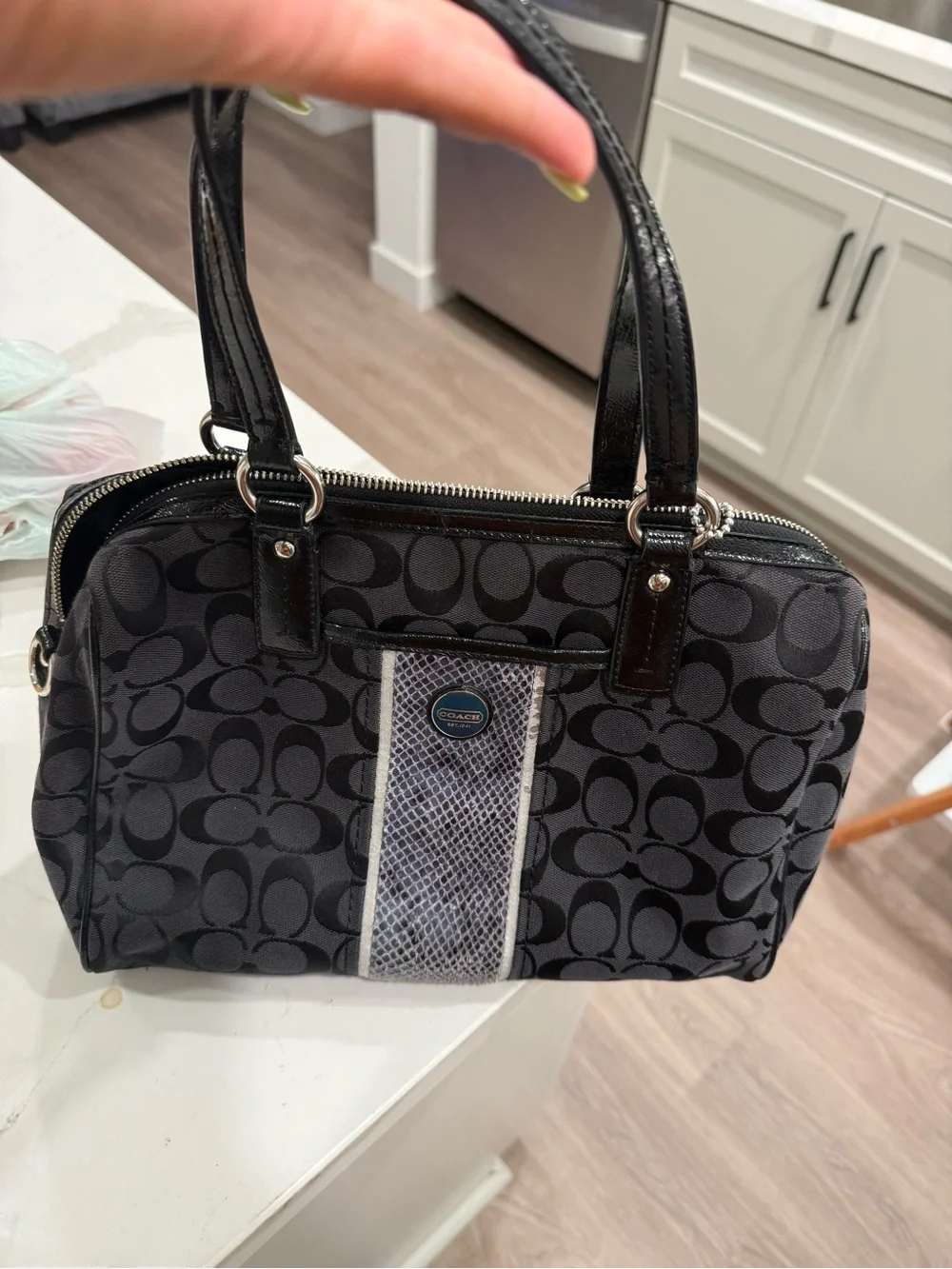 Coach Black Signature Tote with Leather Trim